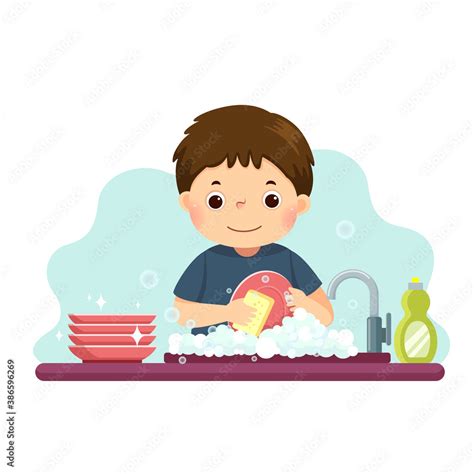 Vector Illustration Cartoon Of A Little Boy Washing The Dishes In