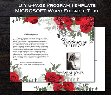 Red Roses And Cross Funeral Program Template 8 Page Bi Fold Template