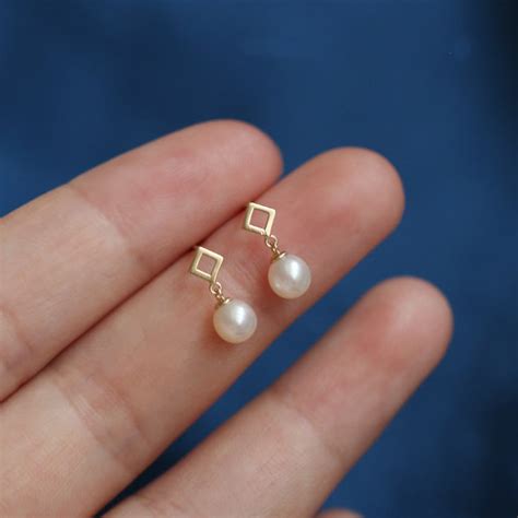 9K Solid Gold Stud Dainty Pearl Dangle Drop Earring Jewelry Etsy