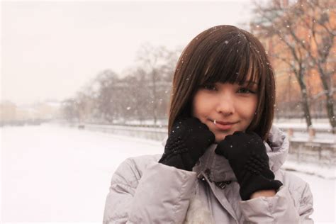 wallpaper face long hair brunette looking at viewer snow winter closeup smiling jacket