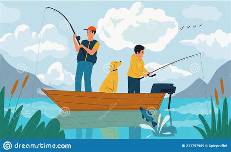 Pesca Familiar Padre E Hijo Capturando Peces Con Barras Desde El Barco