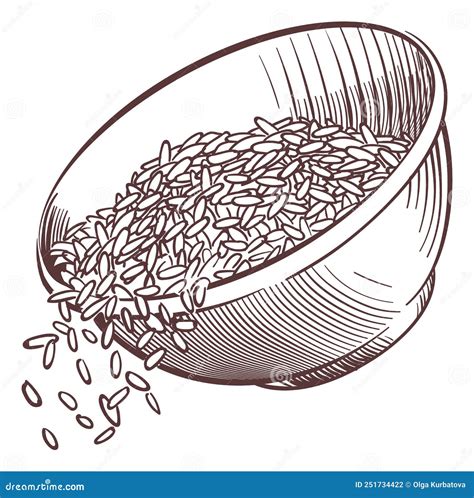 Bowl With Pouring Rice Sketch Falling Grain Engraving Stock Vector