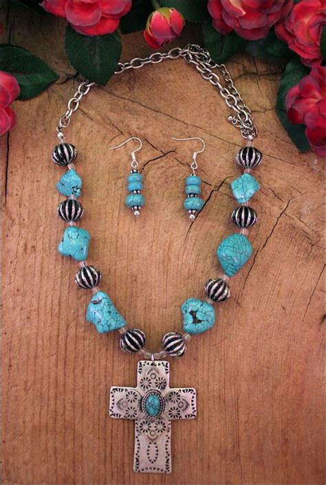 Turquoise Stones Beads Cross Western Cowgirl Necklace Set Unbranded