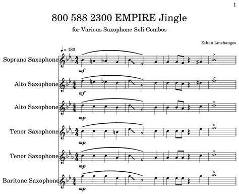 800 588 2300 Empire Jingle Sheet Music For Soprano Saxophone Alto
