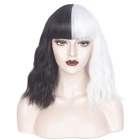 weken black and white wig with bangs shoulder length short wavy heat resistant wig