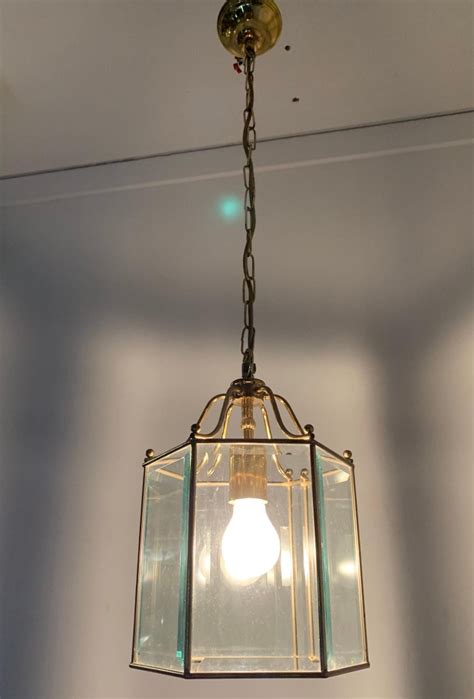 Stylish Late 20th Century Brass And Beveled Glass Hexagonal Pendant Light Fixture For Sale At