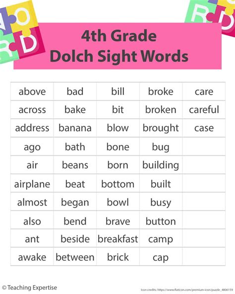 Sight Words For 4th Grade