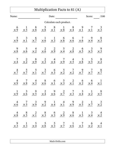 Count by 10 from 20 to 100 premade worksheet. Multiplication Facts to 81 (100 per Page) (A)