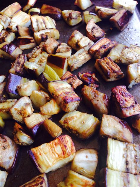 Start by trimming off the top and bottom of the eggplant, removing the stems and leaves. How to Roast Eggplant Cubes - Healthy, less oil than ...