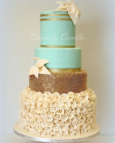 Mint Green And Gold Wedding Cake With Fondant Ruffles Cakes By Camille