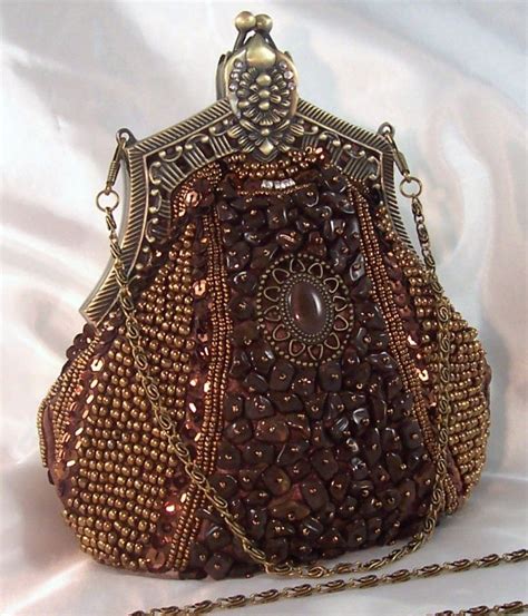 Brown Vintage Look Evening Bag Bead Sequin Rhinestone W 2 Chain Straps