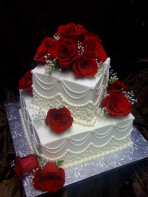 Two Tier Square With Red Roses 2 26 11 Wedding Cake Red Square Wedding Cakes Red Rose Wedding