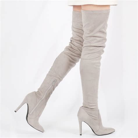 Public Desire Alexus Thigh High Boots In Light Grey Faux Suede In Gray