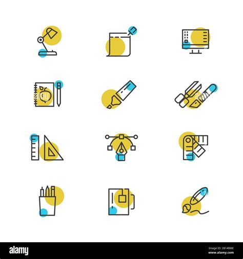 Office Stationery Thin Line Icons Collection Set Of Drawing Color