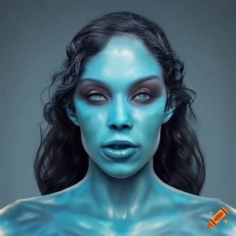 Blue Skinned Humanoid Alien Woman With Black Wavy Hair