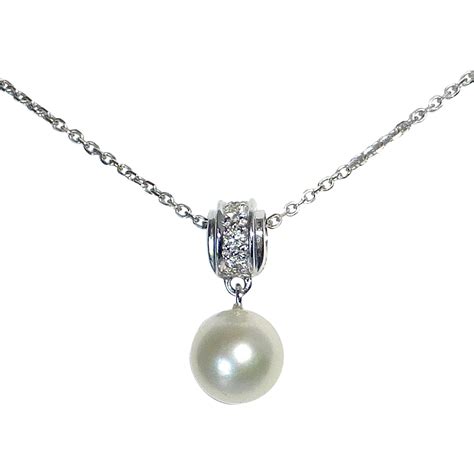 14k white gold diamond necklace. 14k White Gold Pearl & Diamond Drop Pendant Necklace from bejewelled on Ruby Lane