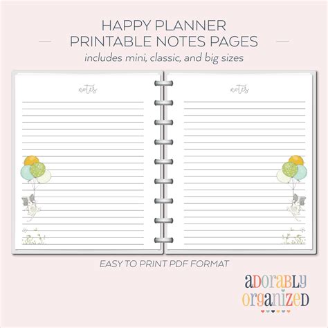 HAPPY PLANNER Printable Notes Planner Pages Refills Inserts Classic