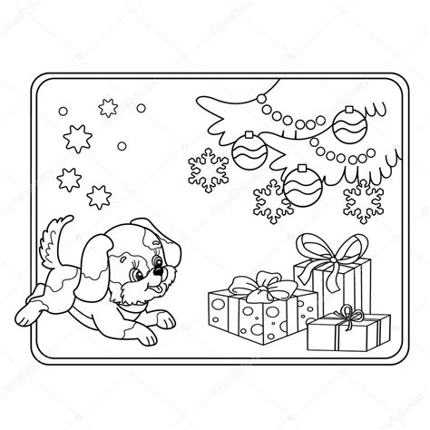 Kleurplaat pagina overzicht van kerstboom met versieringen en
