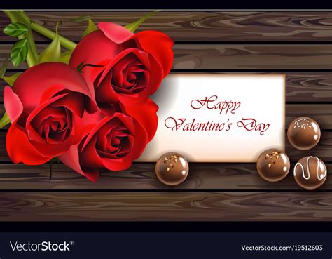 Happy Valentine Day Card With Red Roses Realistic Vector Image