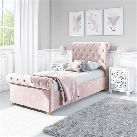 Safina Roll Top Single Sleigh Bed In Baby Pink Velvet Furniture123