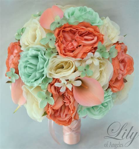17 Piece Package Silk Flower Wedding Bridal Bouquet Mint
