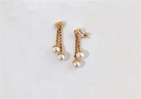 double pearl dangle drop earrings in 14k yellow gold