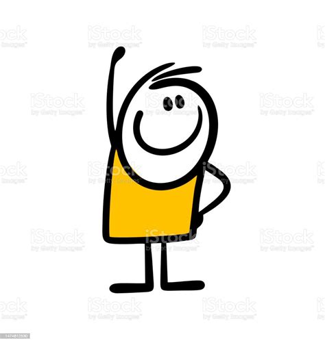 Funny Cartoon Stickman Boy Raised His Hand In Greeting And Smiles Stock