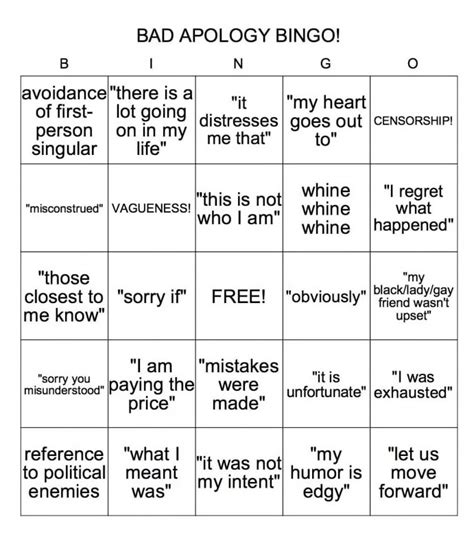 Bad Apology Bingo Sorrywatch