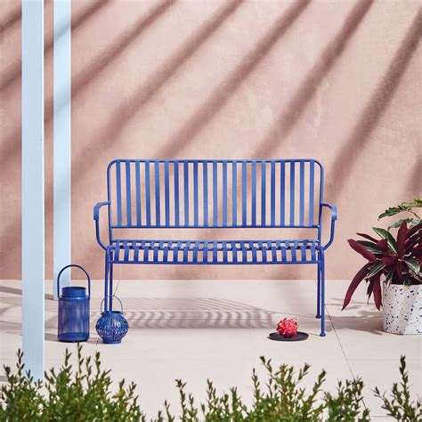 Ideal seating for a school, university, hospital, hotel or restaurant. INDU Cobalt blue metal slatted garden bench with arms in ...