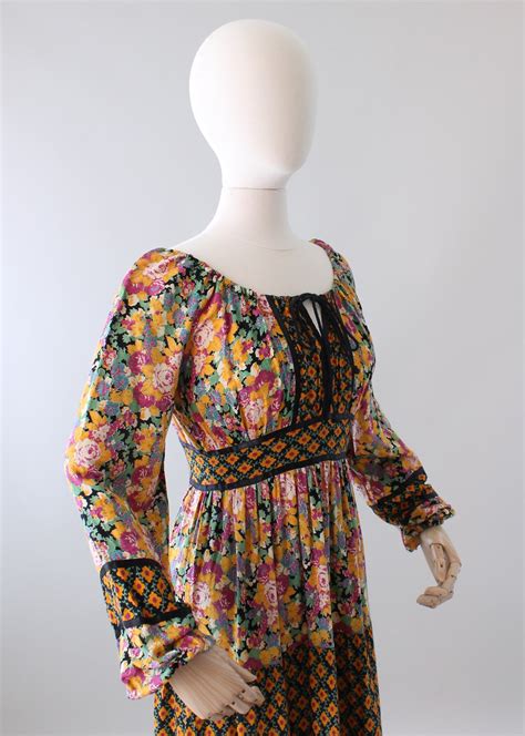 Vintage 1970s Mixed Florals Peasant Dress Raleigh Vintage