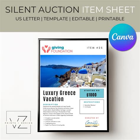 Auction Item Description Sheet Silent Auction Info Sheet Etsy