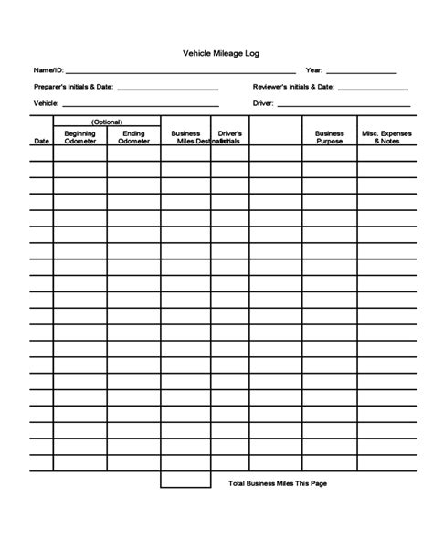 vehicle mileage log sheet