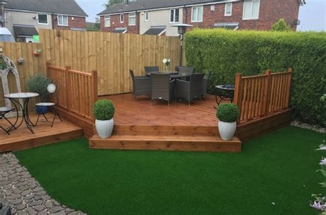 Small residential garden to suite a modern house and active children. Courtyard Artificial Grass Decking Patio Installers High ...