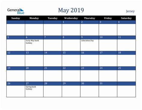 May 2019 Calendar With Jersey Holidays