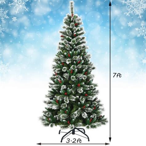 7 Ft Artificial Christmas Tree Snow Flocked Hinged Tree W Red Berries