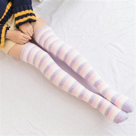 japanese girl cute striped modeling knee socks striped cute lovely kawaii cozy long thigh high