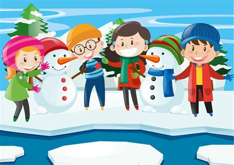 Happy Children With Snowman In Winter 369075 Vector Art At Vecteezy