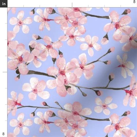 Cherry Blossom On Blue Fabric Spring Cherry Blossom Etsy