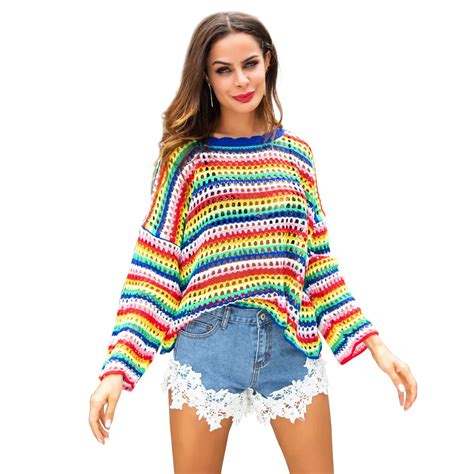 2018 Women Rainbow Color Shirts Loose Knitting Striped Languid Is Lazy