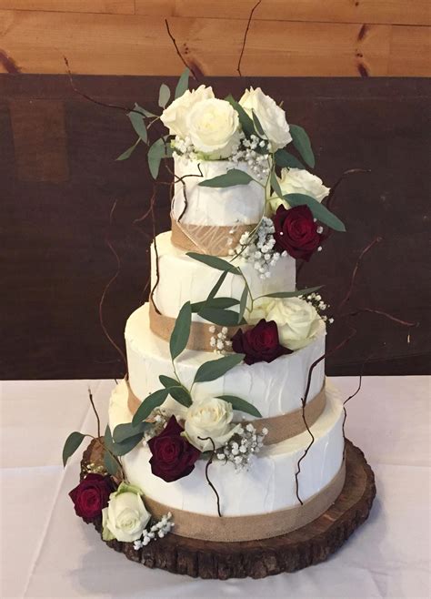 Simple Rustic Buttercream Wedding Cake With Burlap Ribbon Accented