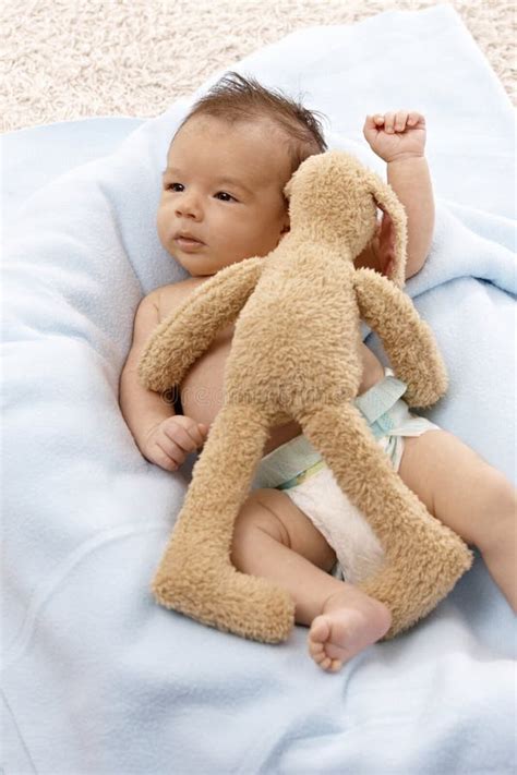 Beautiful Newborn Baby With Plush Bunny Stock Image Image Of Color Indoor