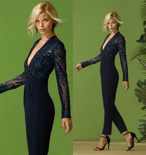 Adrianna papell women's ap1d103478, blue moon, 4. Navy Mother Of The Bride Jumpsuit Deep V Neck Sequins Lace ...