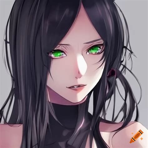 Anime Female With Black Hair And Green Eyes Mysterious But Kind On Craiyon