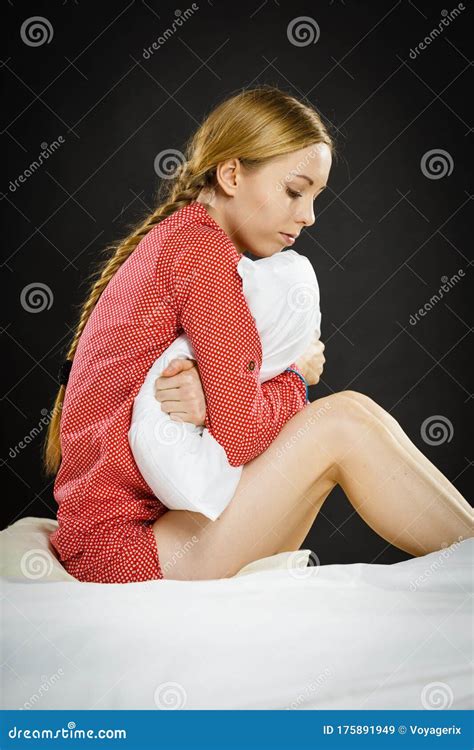 Sad Depressed Girl In Bed Gripping Pillow Stock Image Image Of