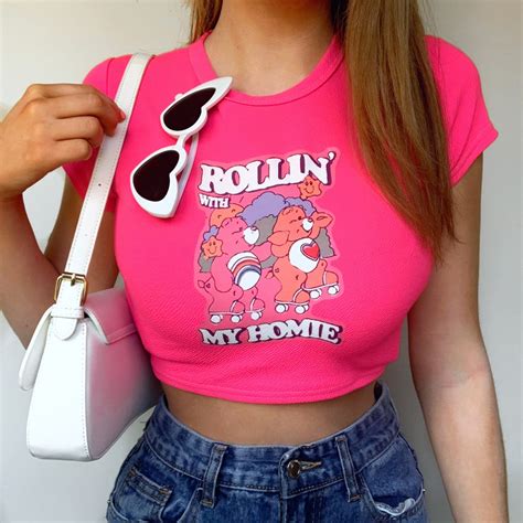 Care Bear Y2k 2000s Crop Top T Shirt Neon Hot Pink Clothing Etsy