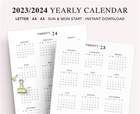 2023 2024 Printable Calendar 2023 Yearly Calendar Year At A Etsy At A