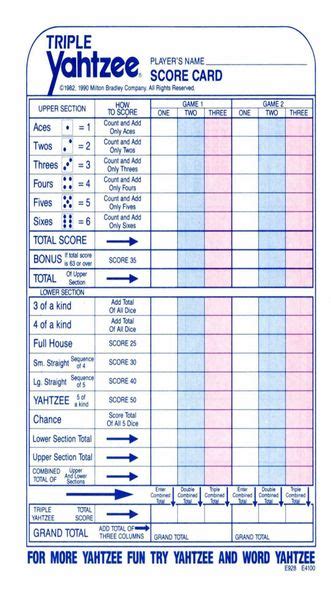 Triple Yahtzee Score Sheet Pad Bj Bingo Supplies