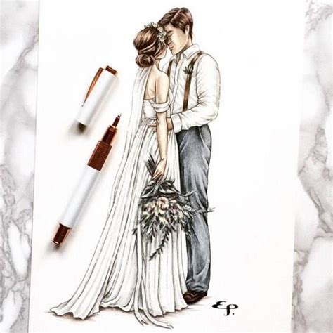 Custom Bride And Groom Illustration Ink And Coloured Pencil