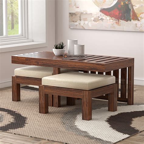 Myron Solid Wooden Coffee Table 2 Stools Natural Finish Decornation