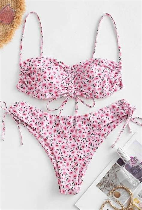 Ditsy Floral Cinched Tie Bikini Swimwear Light Pink Sponsored In Floral Bikini